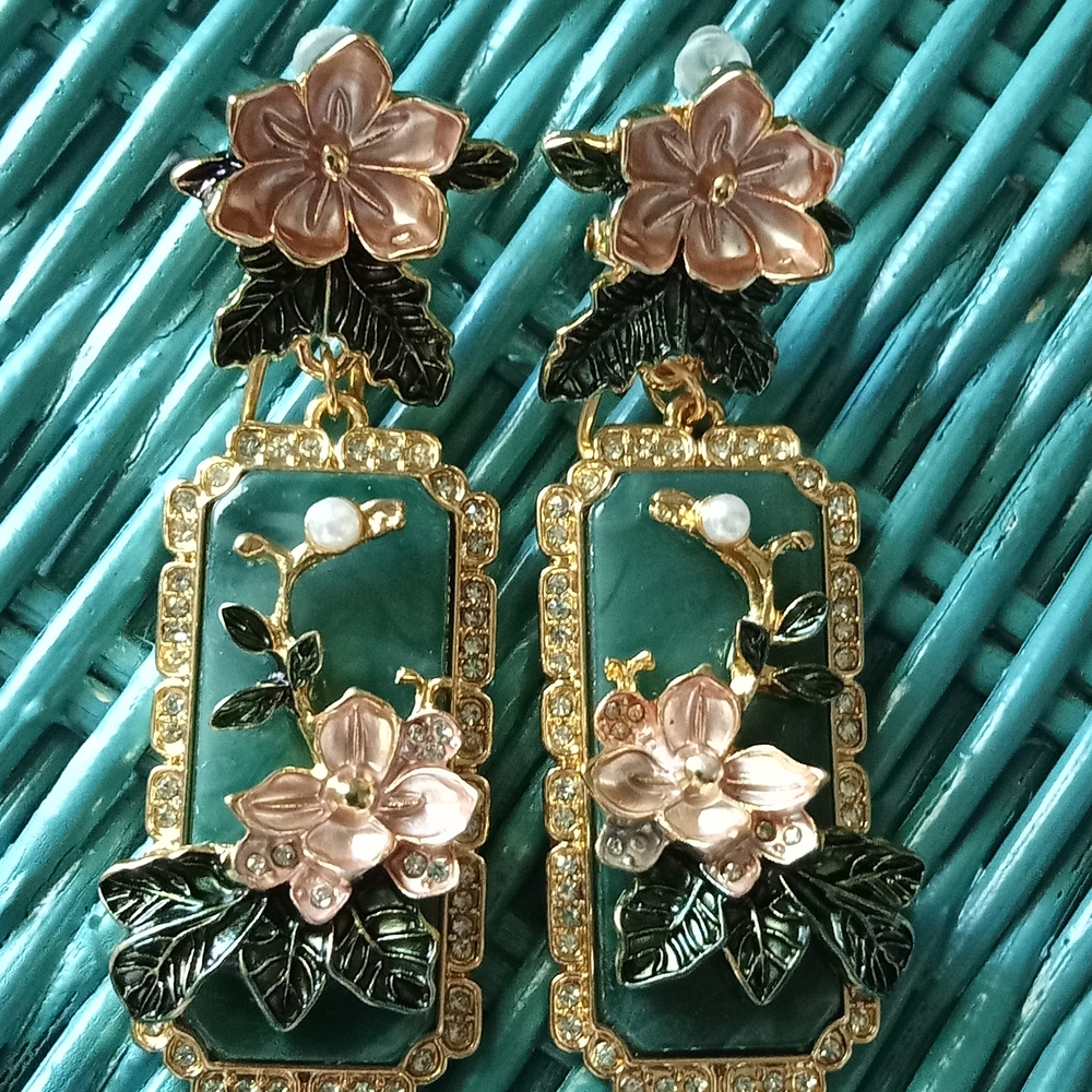 Floral Gold and Green Earrings